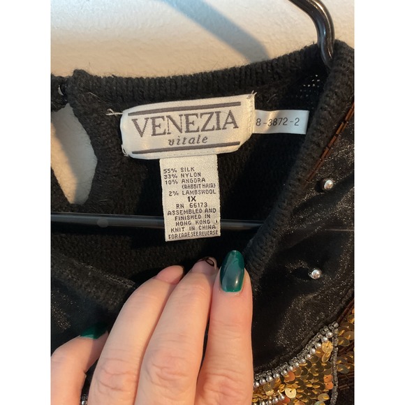 Vintage Venezia Vitale Women's 1x SilkAngora Blend Black Sweater Gold Sequin Bow - Picture 8 of 9